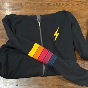 Black Zip-Up Hoodie with Lightning Bolt and Striped Sleeve